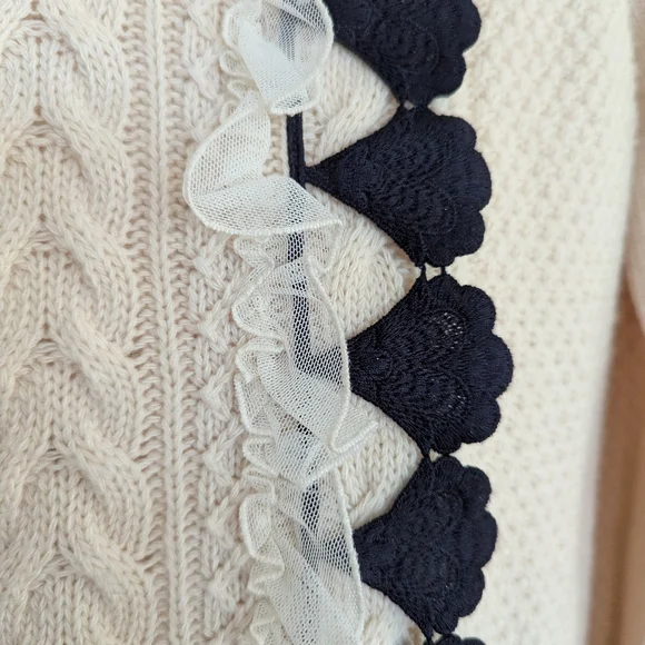 J. Crew Wool Embellished Cable Knit Turtleneck Sweater W/ Lace Detailing Ivory S - Picture 7 of 10